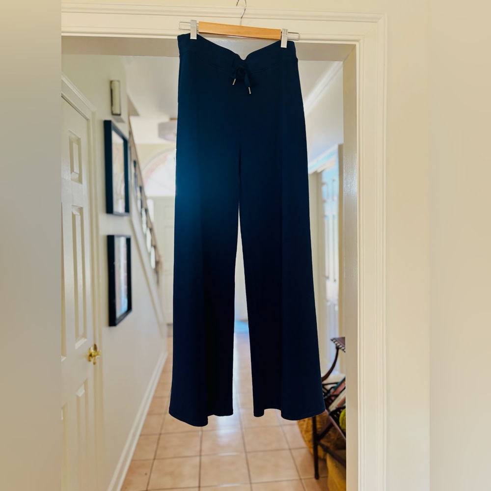 Spanx AirEssentials Navy Wide Leg Pants Drawstring Soft Scuba Size Large